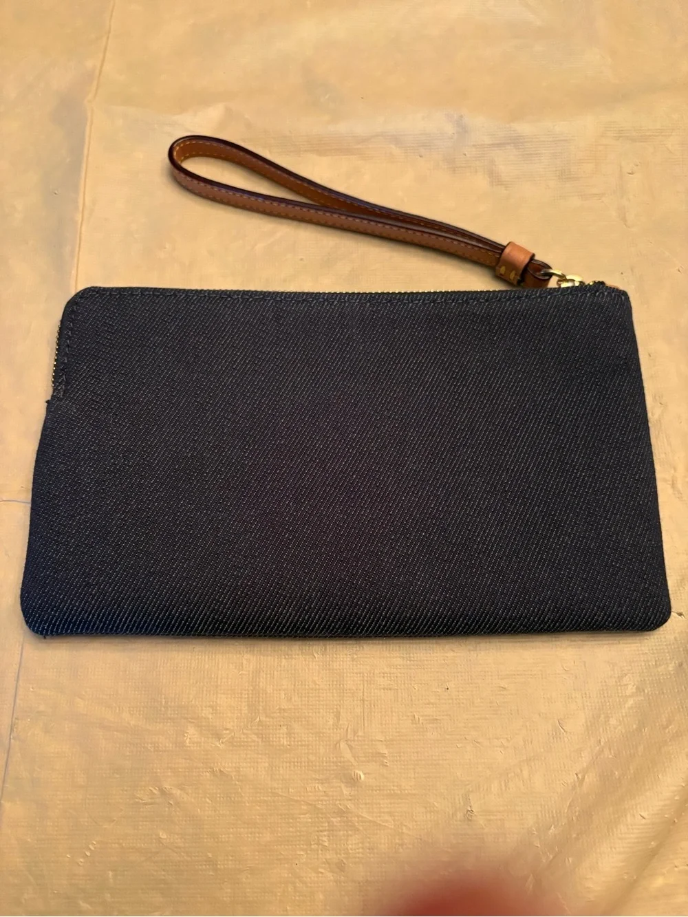 Coach Large Corner Zip Wristlet in Denim with Brown Leather Strap